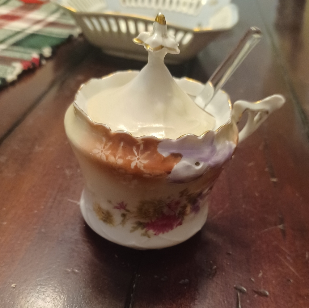 Floral Porcelain Sugar Bowl with Lid and Spoon